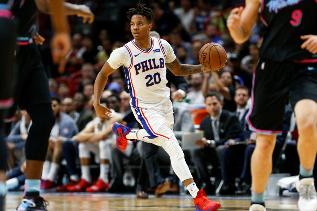 MIAMI, FL - NOVEMBER 12:  Markelle Fultz #20 of the Philadelphia 76ers dribbles up the court against the Miami Heat during the second half at American Airlines Arena on November 12, 2018 in Miami, Florida. NOTE TO USER: User expressly acknowledges and agrees that, by downloading and or using this photograph, User is consenting to the terms and conditions of the Getty Images License Agreement.  (Photo by Michael Reaves/Getty Images)