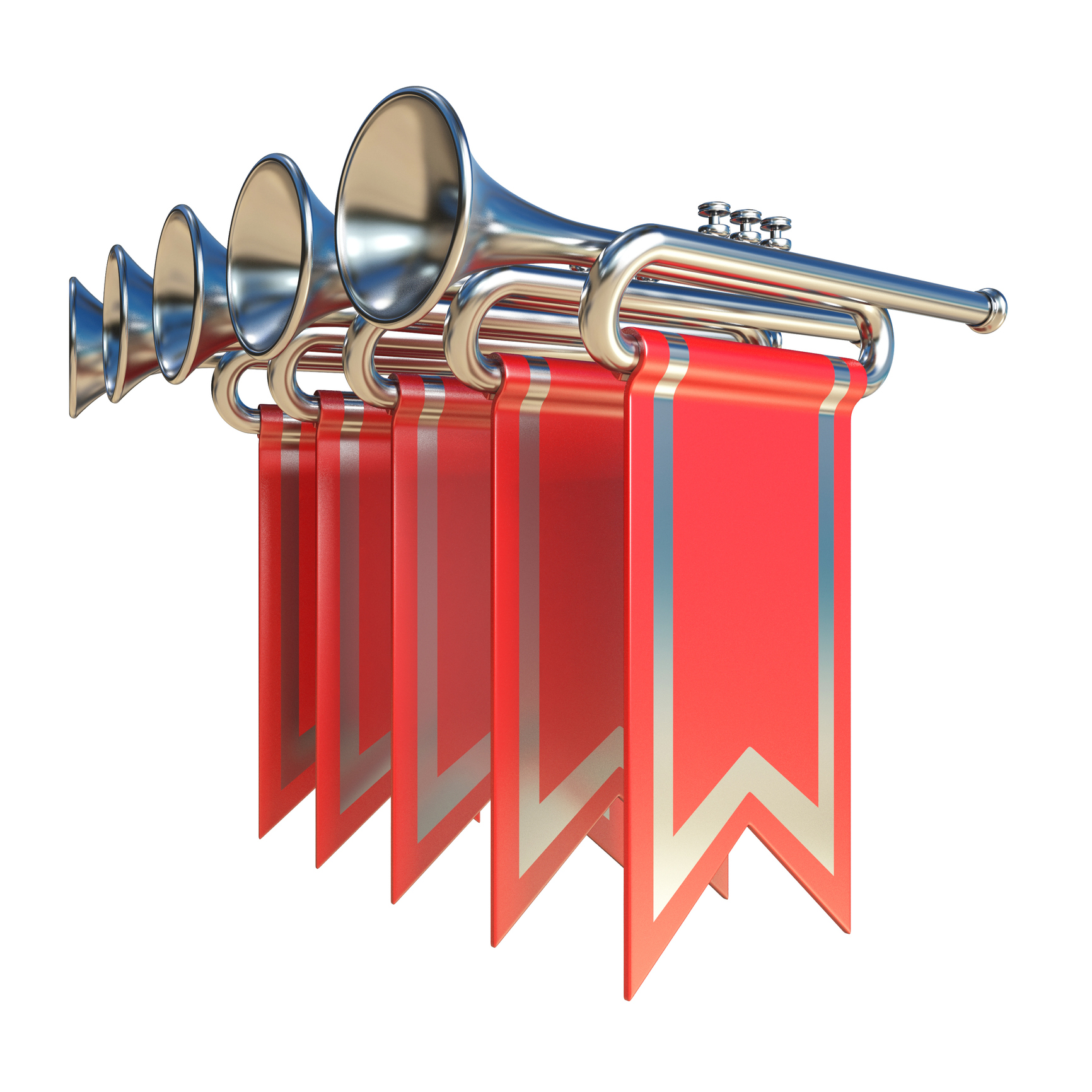 Fanfare five silver trumpets and red flags 3D render illustration isolated on white background