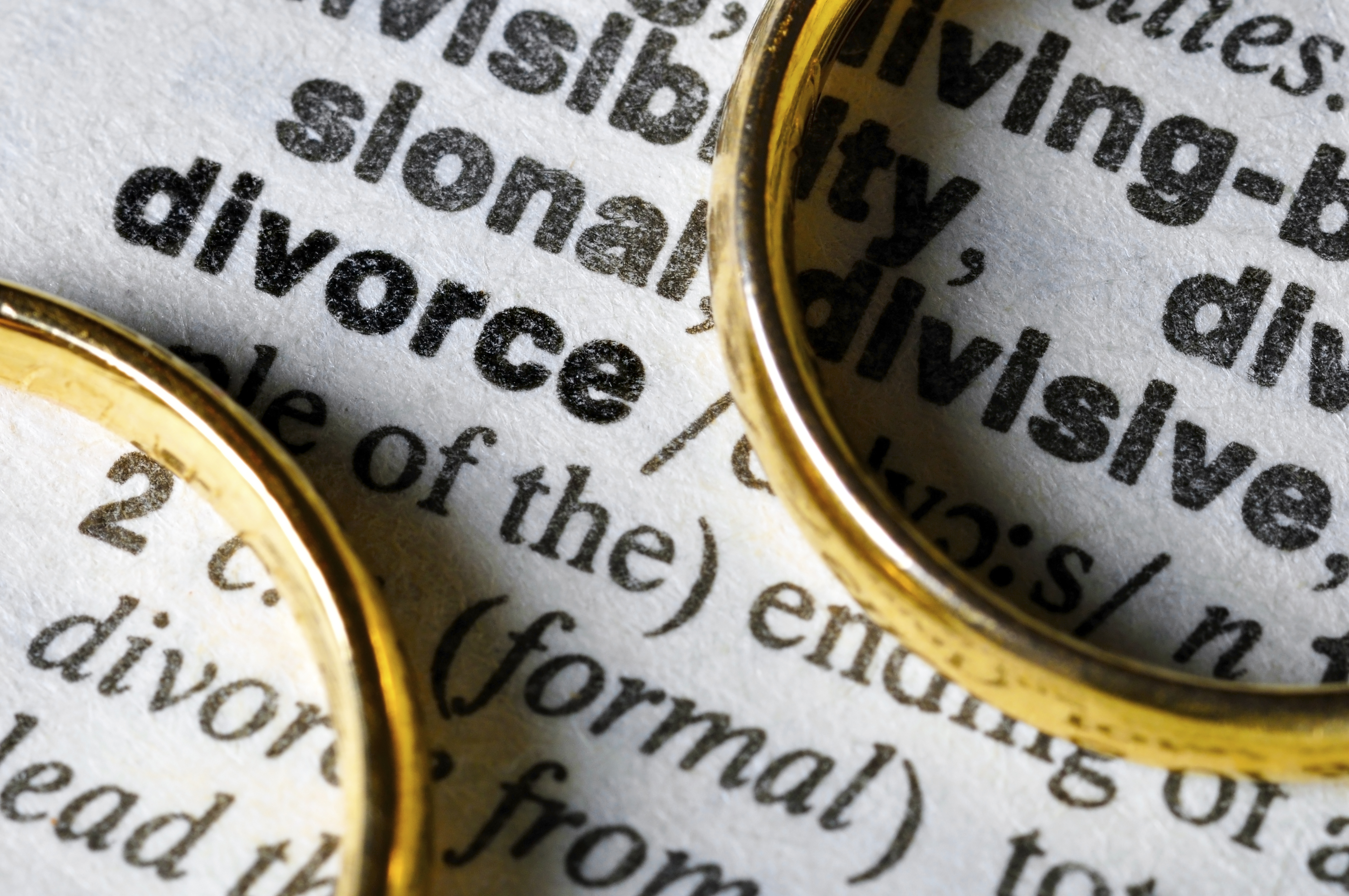 Two separate wedding rings next to the word &quot;divorce&quot;