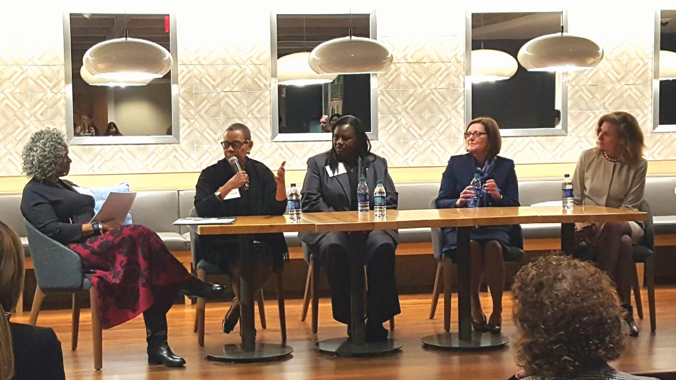 Monica Pearson, Moderator, with College Presidents Mary Schmidt-Campbell, Victoria Seals, Claire Sterk, and Pamela Whitten 