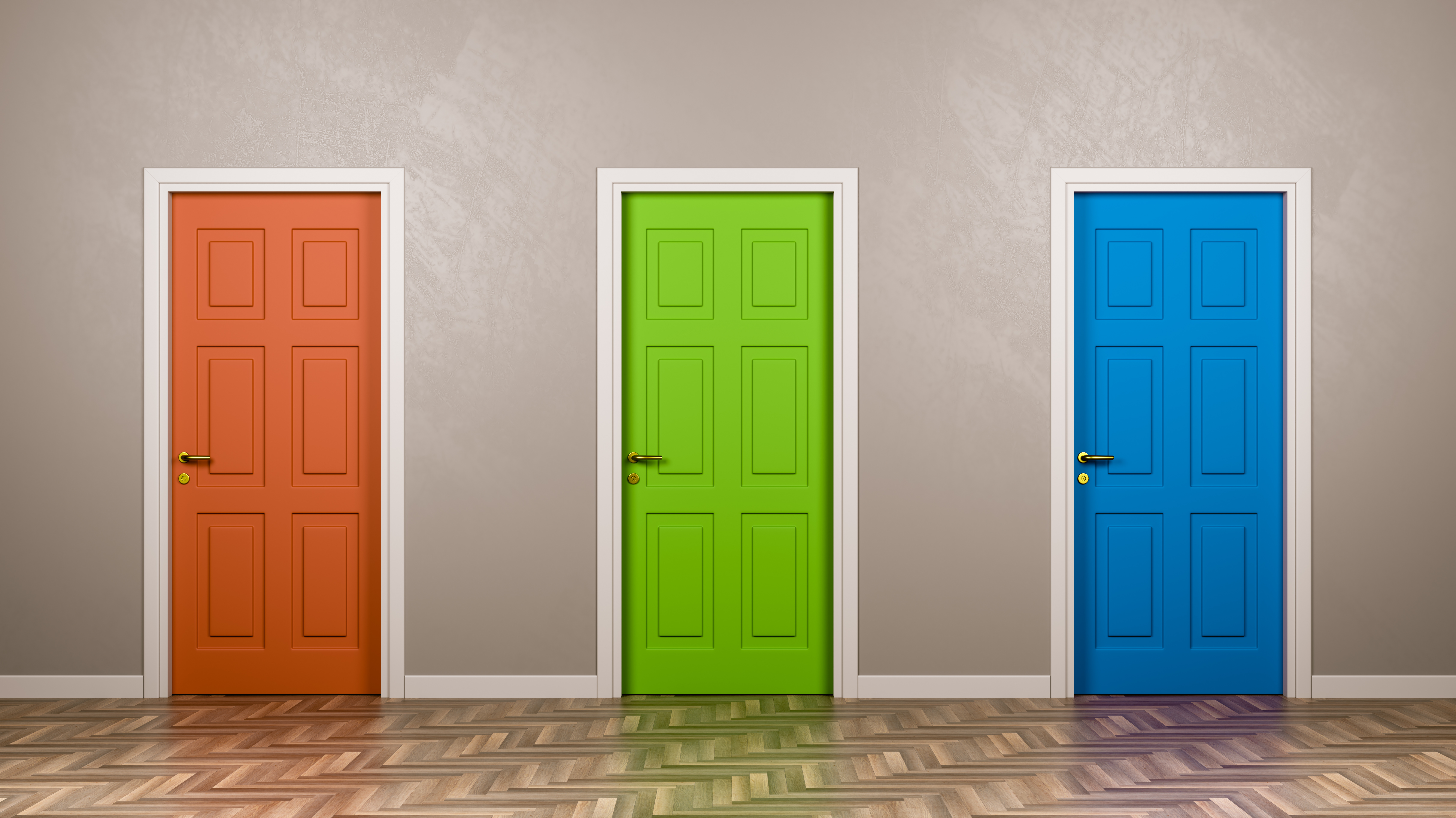 Three Closed Doors with Different Color in Front in the Room 3D Illustration, Choice Concept