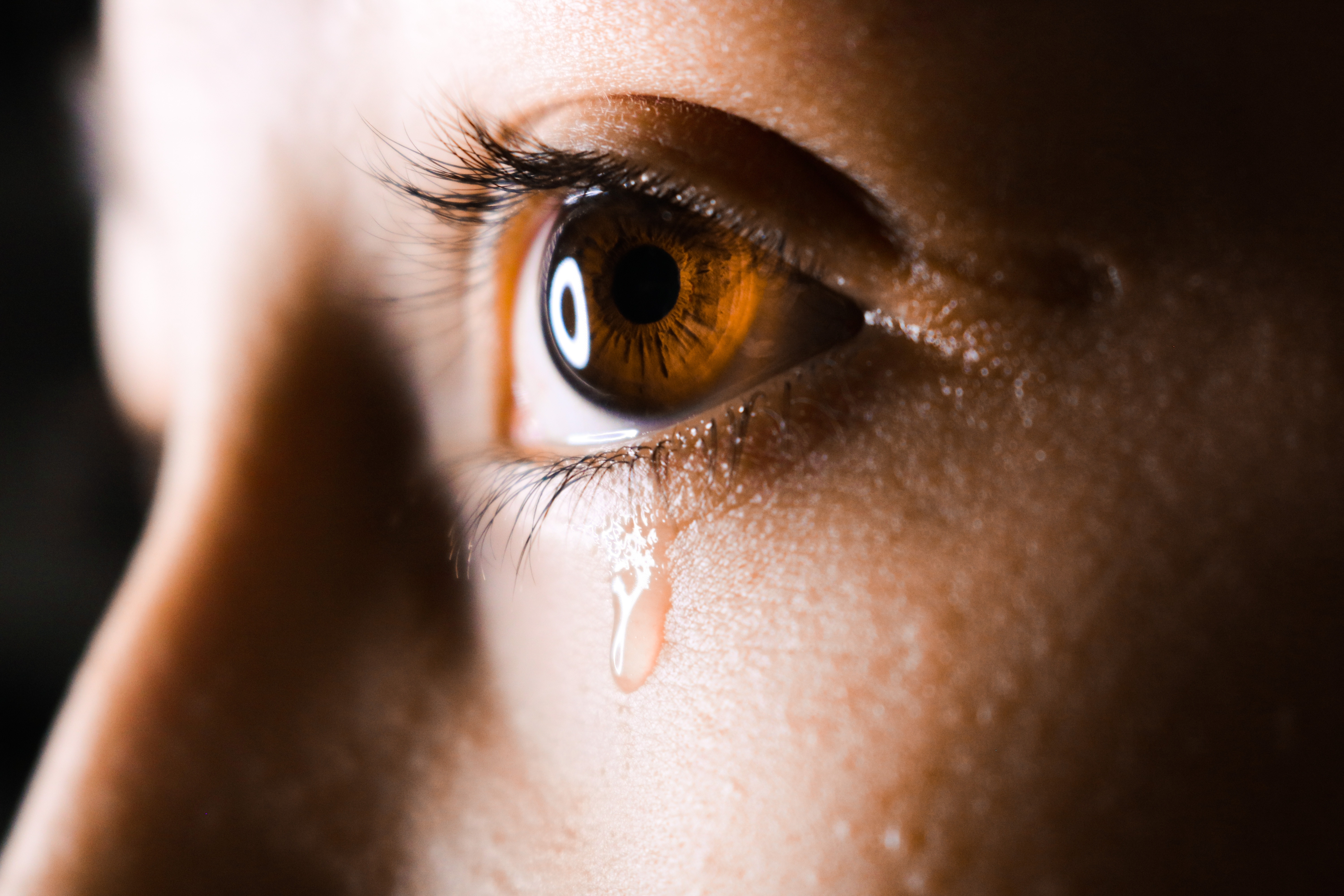 Close-up of an eye with a single tear