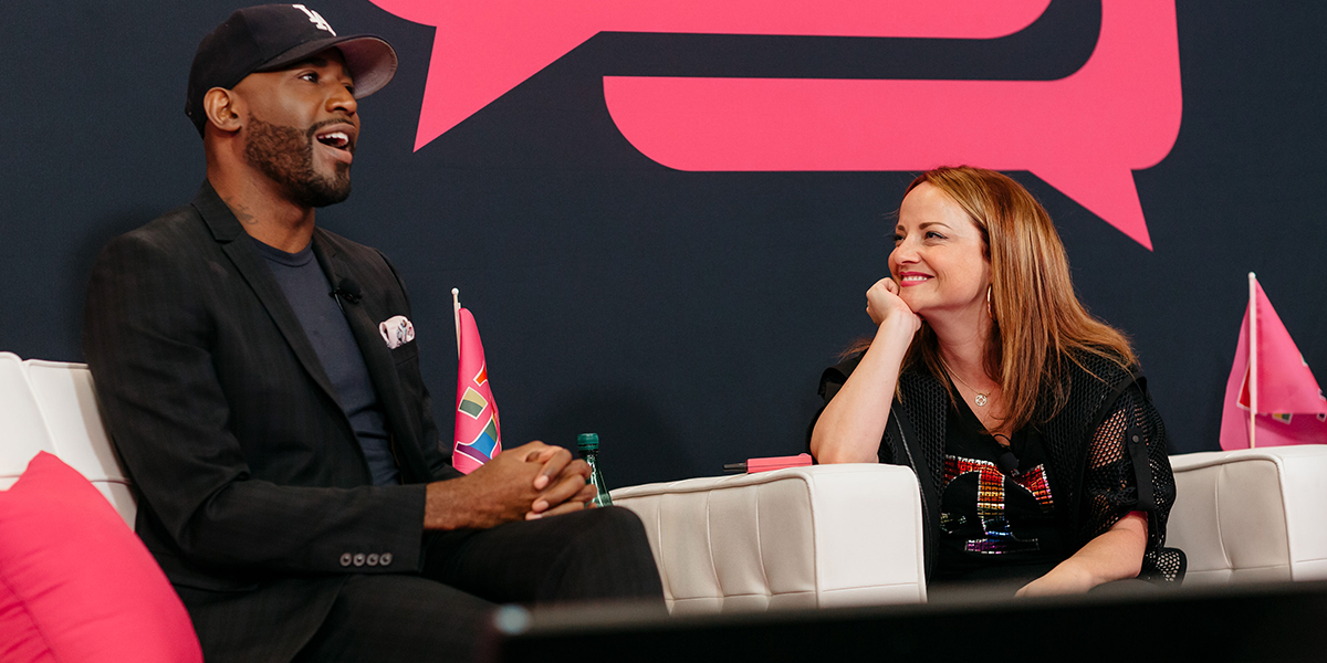 &#039;Queer Eye&#039; culture guru Karamo Brown with T-Mobile&#039;s Callie Field at the company&#039;s Talking with Trailblazers guest-speaker series.