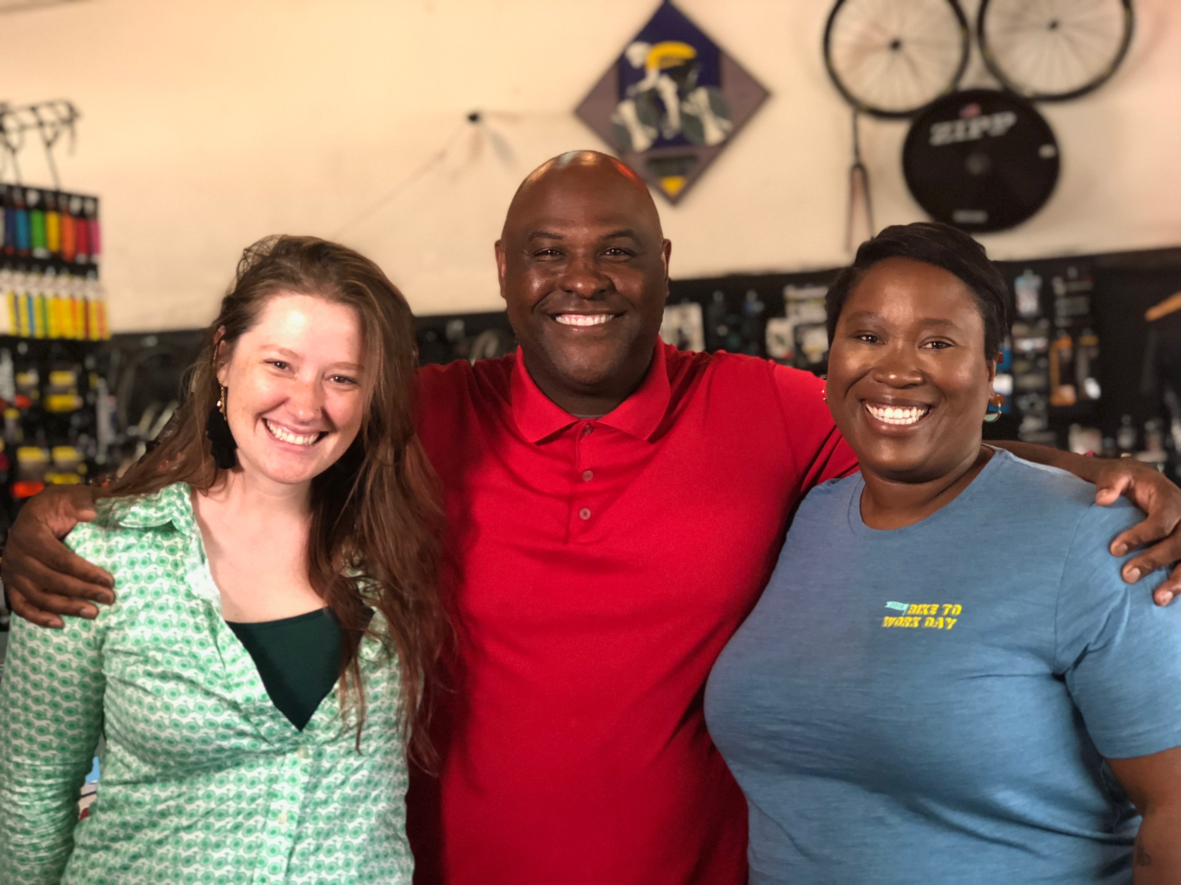 Kathryn Doornbos (far left) on Bike To Work Day in 2018. She&#039;s joined by Jeh Jeh Pruitt of WBRC and Jeniese Hosey of the Regional Planning Commission of Greater Birmingham. Photo courtesy of Kathryn Doornbos.