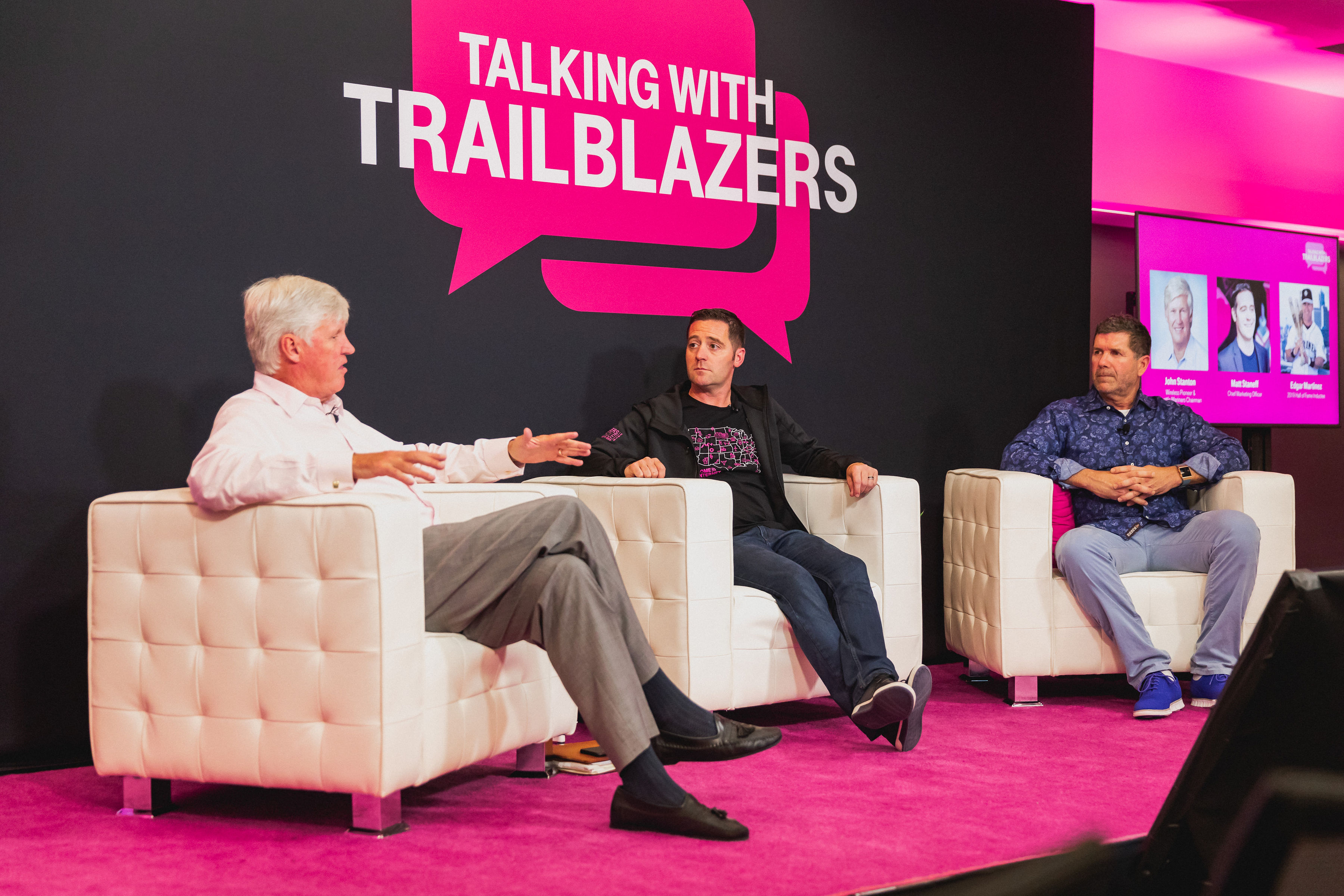 Seattle Mariners Chairman and wireless pioneer John Stanton (left) and MLB Hall of Famer Edgar Martinez (right) join T-Mobile&#039;s Chief Marketing Officer Matt Staneff (center) for the Talking with Trailblazers guest-speaker series.