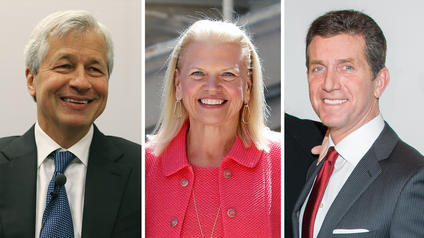 From left to right: Jamie Dimon, JPMorgan Chase Chairman &amp; CEO; Ginni Rometty, IBM Chairman, President &amp; CEO; Alex Gorsky, Johnson &amp; Johnson Chairman &amp; CEO
(Photography: Getty Images)