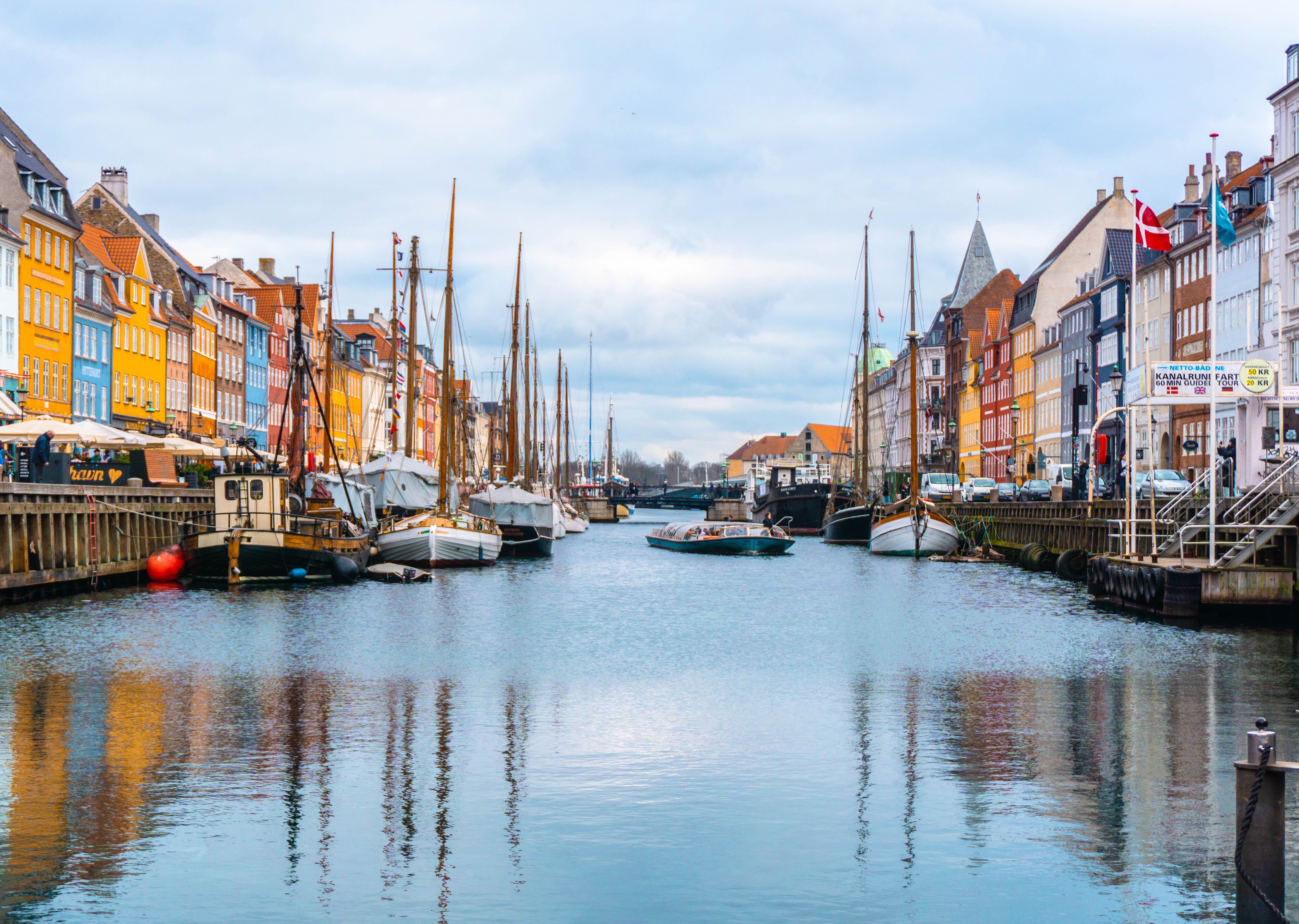 A boat-littered canal in Copenhagen, Denmark.