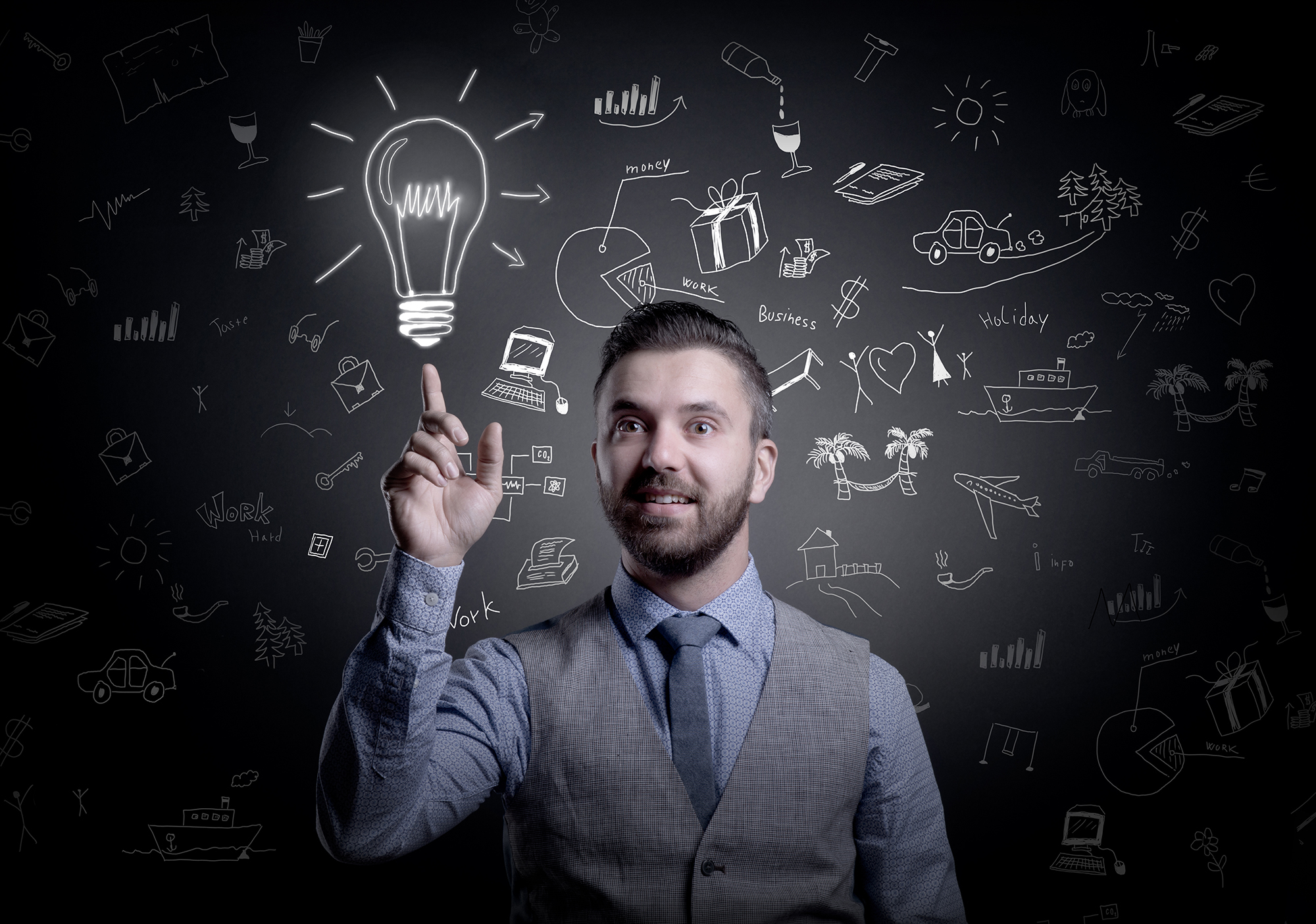 Hipster businessman with idea, light bulb above his head, isolated on black background