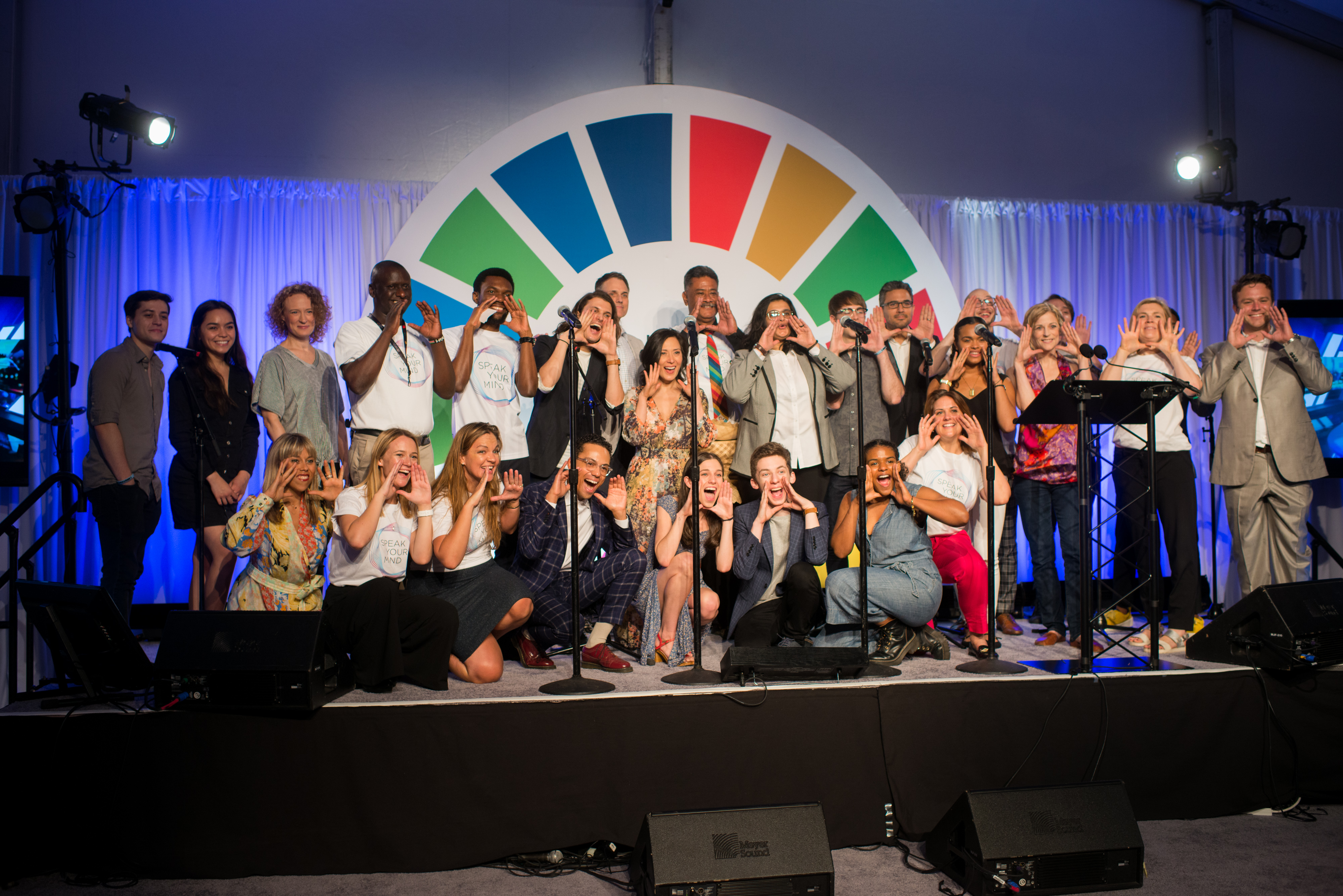 Image: Andrew Seng. United for Global Mental Health CEO Elisha London among speakers and the cast of Dear Evan Hansen at the launch of Speak Your Mind at the 2019 UN General Assembly. 