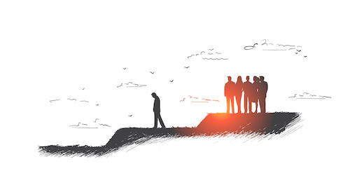 Discrimination concept. Hand drawn crowd of people expels one man from their community. Gossip people against one person isolated vector illustration.