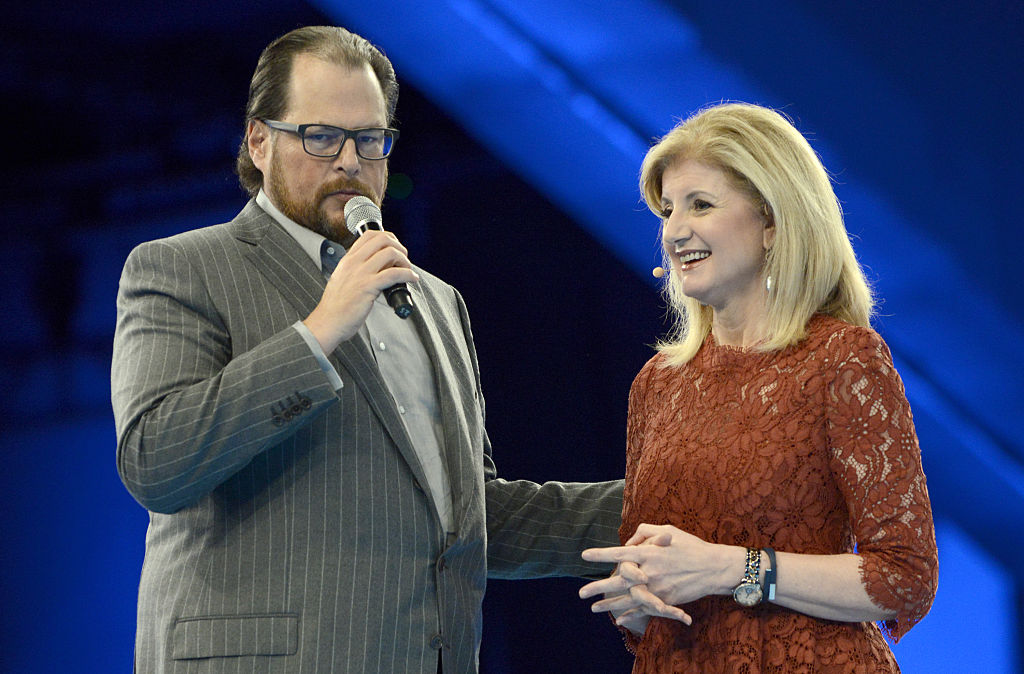 Marc Benioff and Arianna Huffington at Dreamforce on October 16, 2014. (Photo by Tim Mosenfelder / Getty Images)