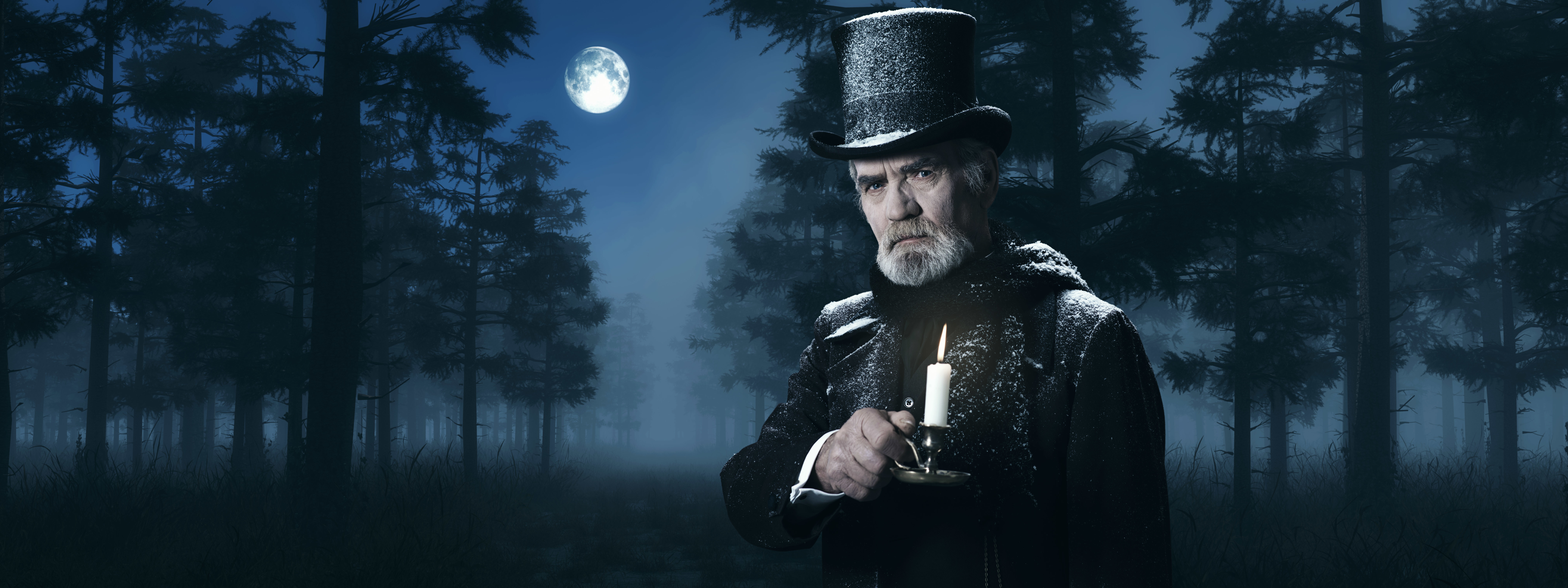 Dickens Scrooge Man with Candlestick in Foggy Winter Forest at Moonlight.
