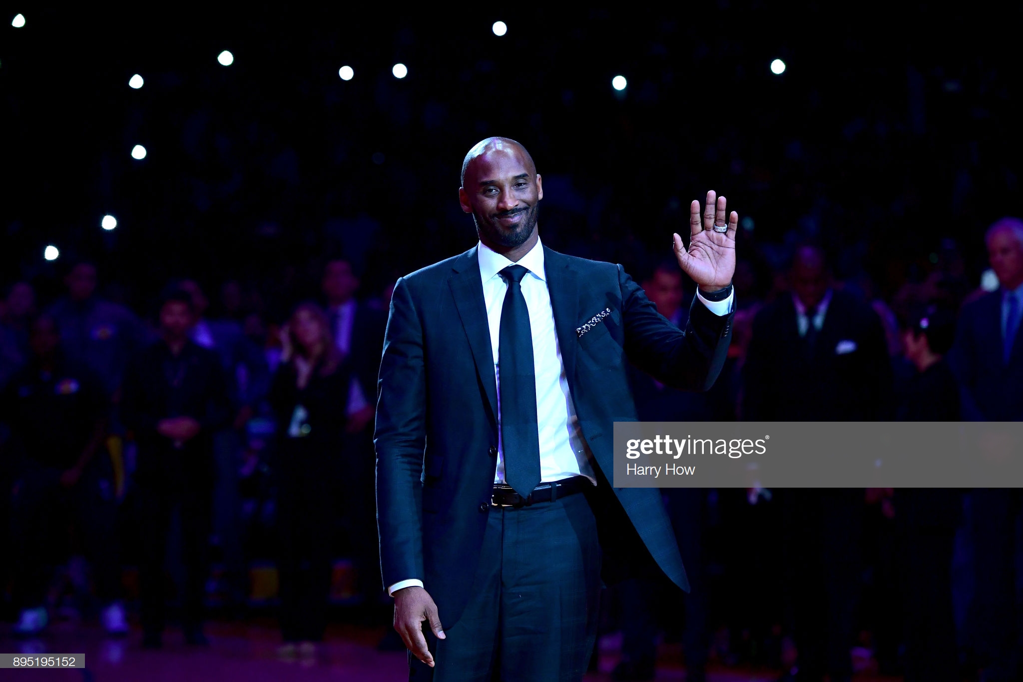 LOS ANGELES, CA - DECEMBER 18:  Kobe Bryant smiles at halftime as both his #8 and #24 Los Angeles Lakers jerseys are retired at Staples Center on December 18, 2017 in Los Angeles, California. NOTE TO USER: User expressly acknowledges and agrees that, by downloading and or using this photograph, User is consenting to the terms and conditions of the Getty Images License Agreement.  (Photo by Harry How/Getty Images)