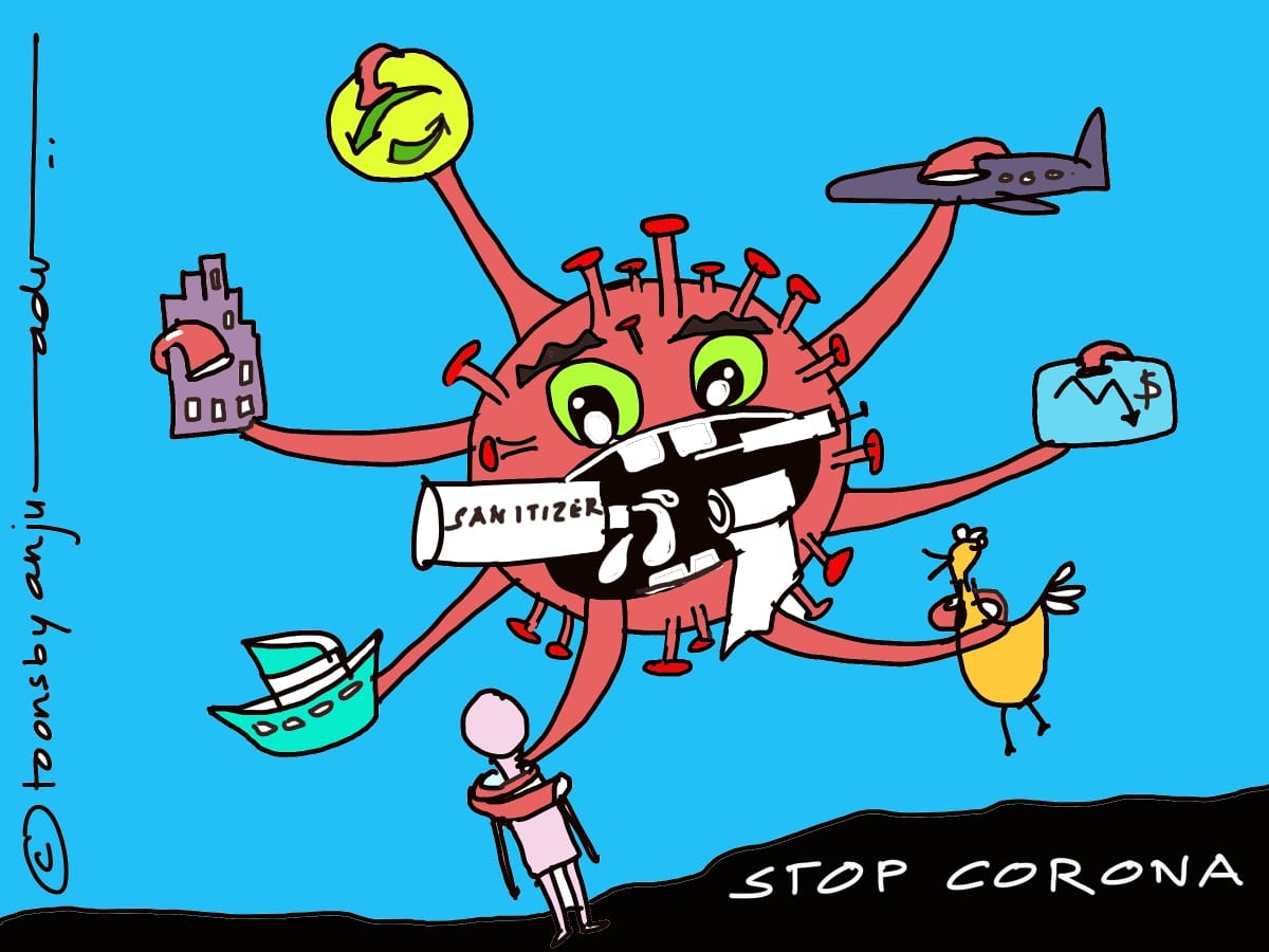 &quot;Stop Corona Virus!&quot; by Dr. Anju Dave Vaish | http://tryforgood.com/category/cartoons/ | Instagram: ToonsbyAnju