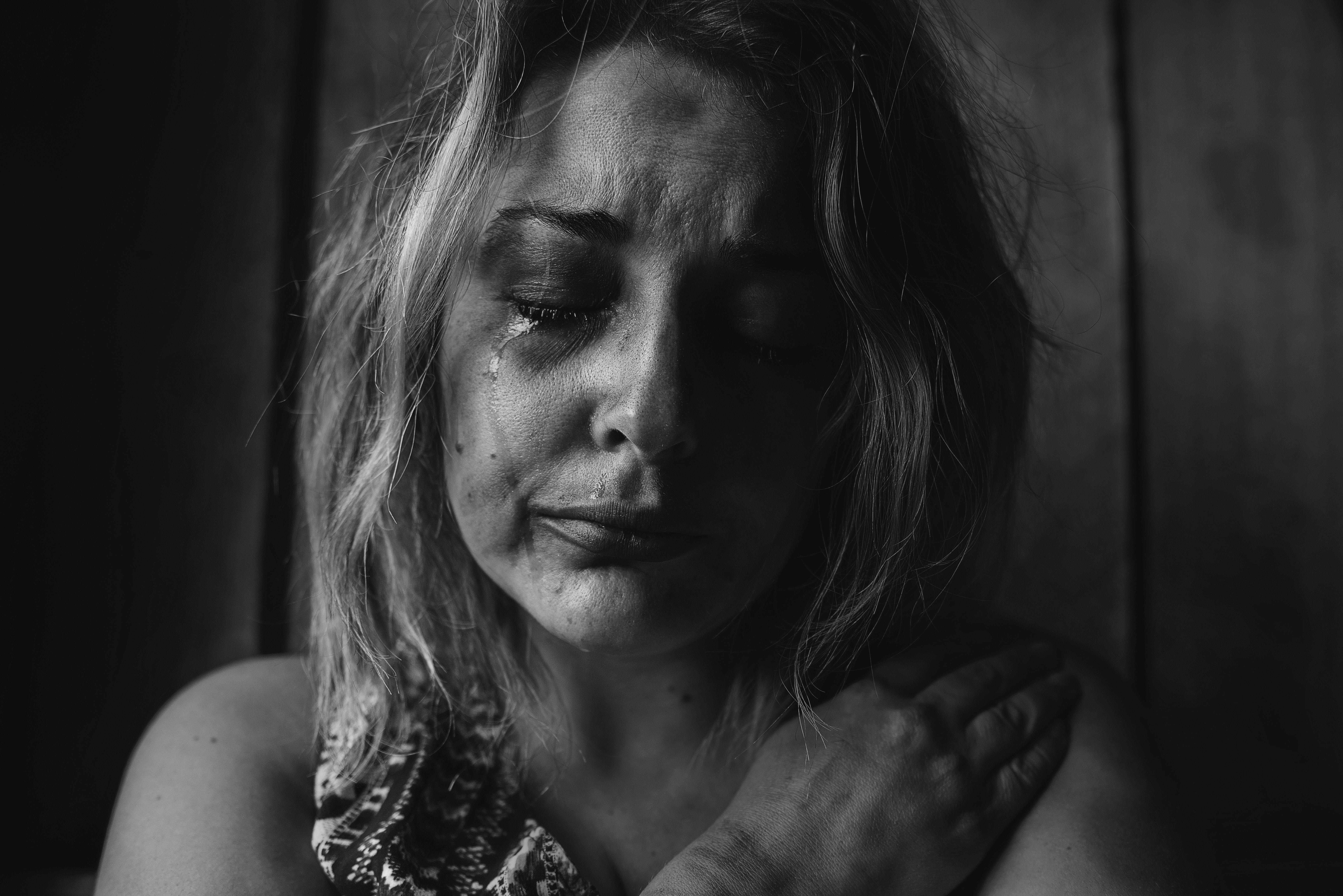 Black and White Picture of upset woman