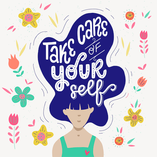 Woman with big hair and lettering Take Care Of Yourself. Flat style vector illustration with handwritten positive self-talk inspirational quote.