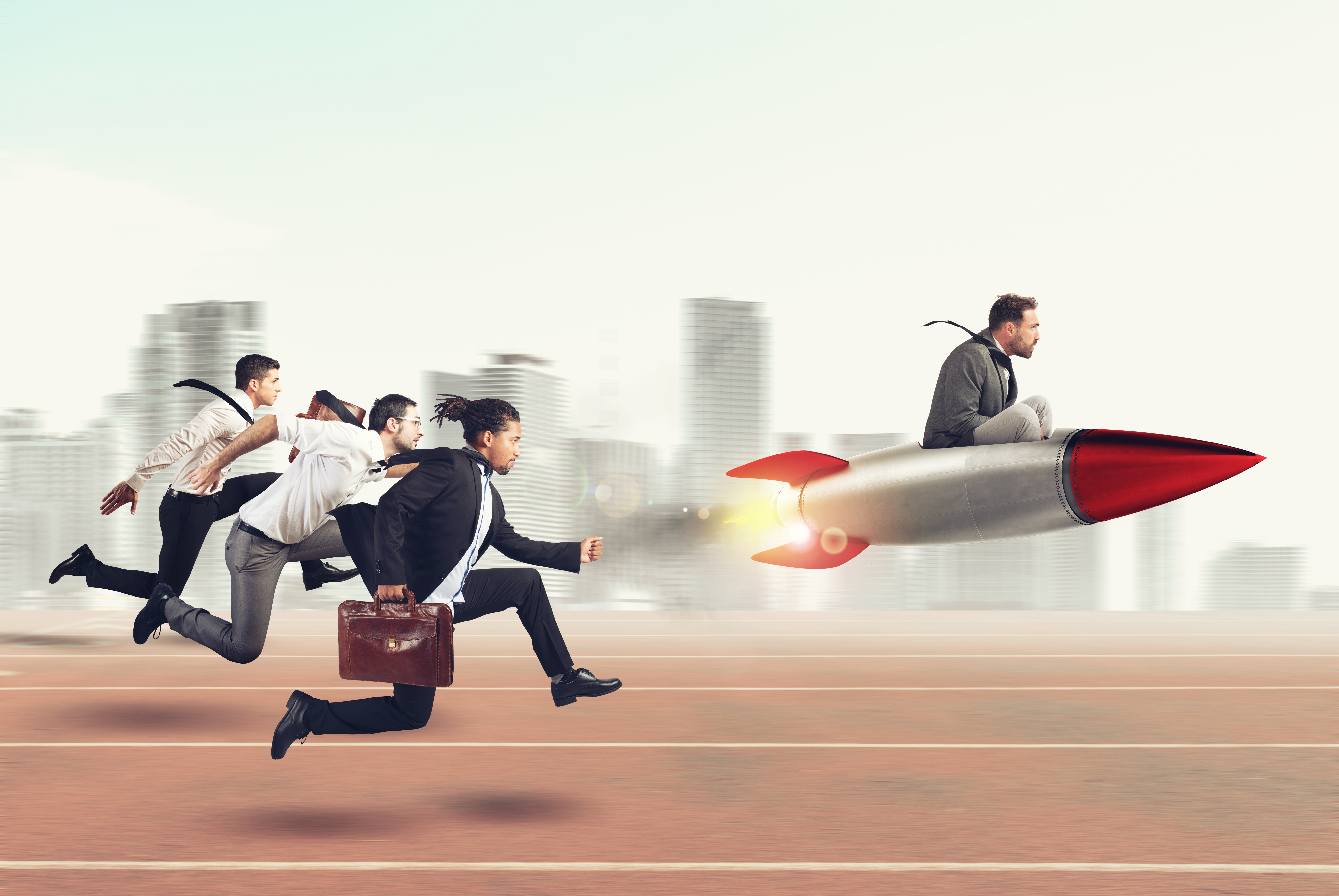 Businessman fly with rocket during a race with opponents
. 3D Rendering
