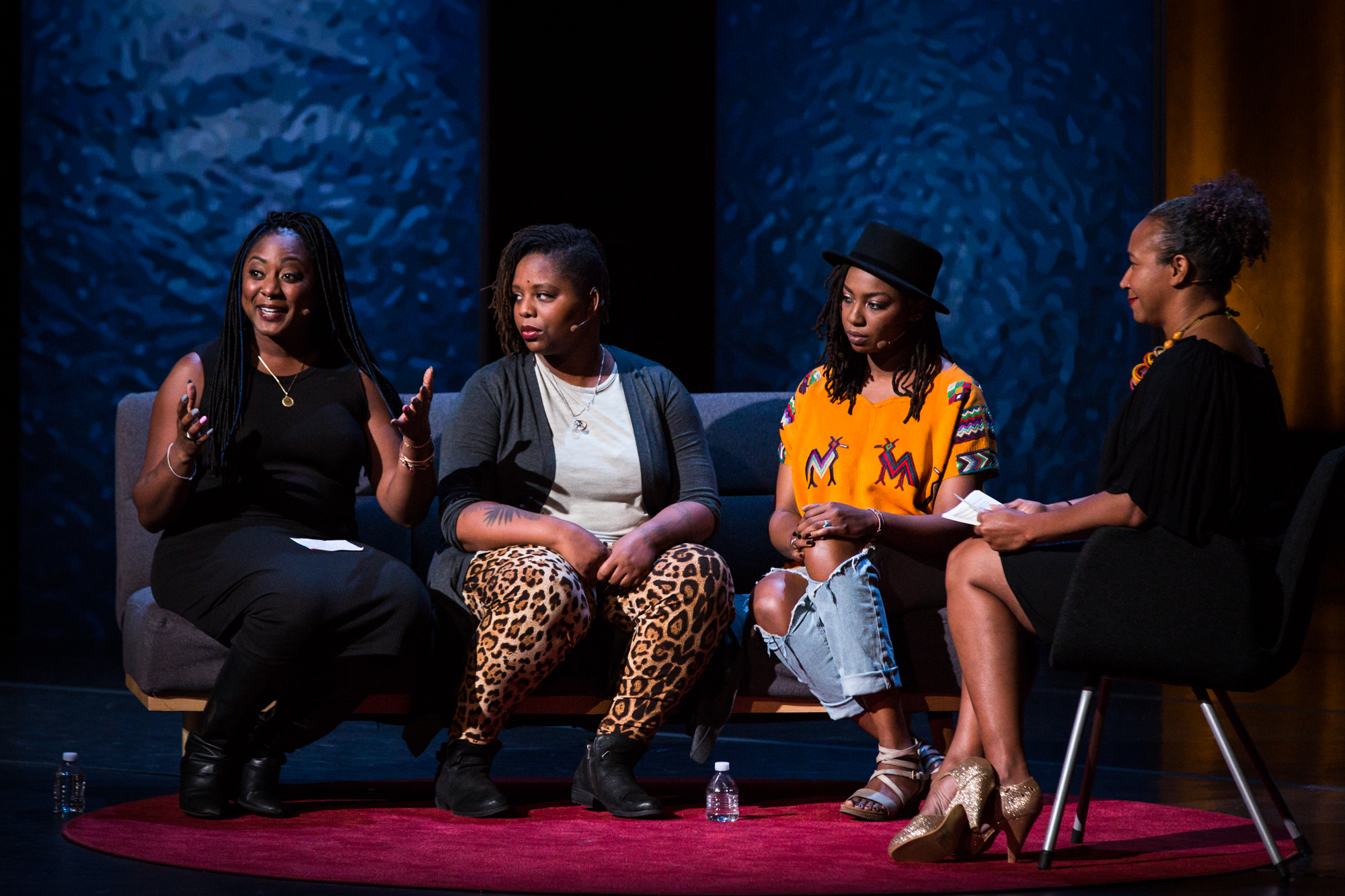 Founders of the Black Lives Matter movement (Alicia Garza, Patrisse Cullors, and Opal Tometi) interviewed by Mia Birdsong at TEDWomen 2016 - It&#039;s About Time, October 26-28, 2016, Yerba Buena Centre for the Arts, San Francisco, California. Photo: Marla Aufmuth / TED