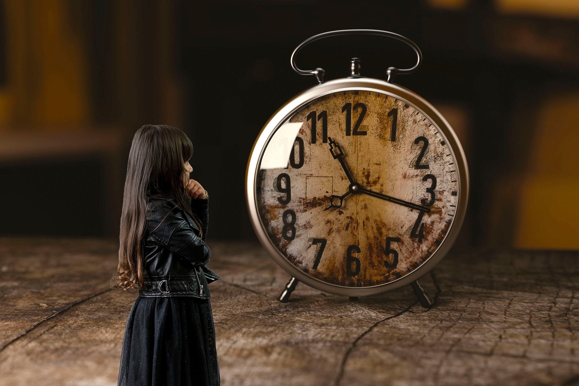 Small girl in black standing in front of a large alarm clock.