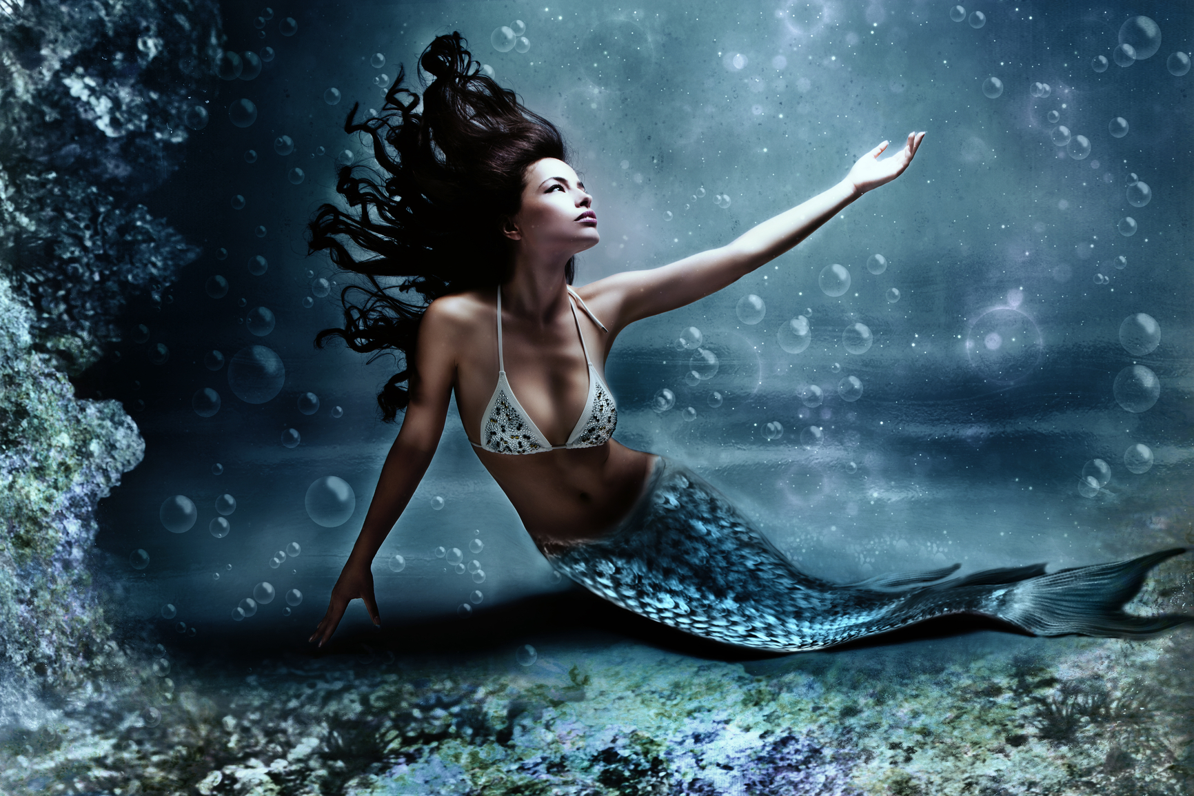 Mythology being, mermaid in underwater scene, photo compilation