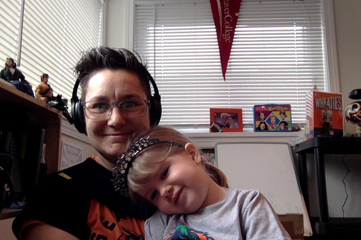 VMG Studios producer Cyndi Butz-Houghton with her daughter on a Zoom call while working remotely