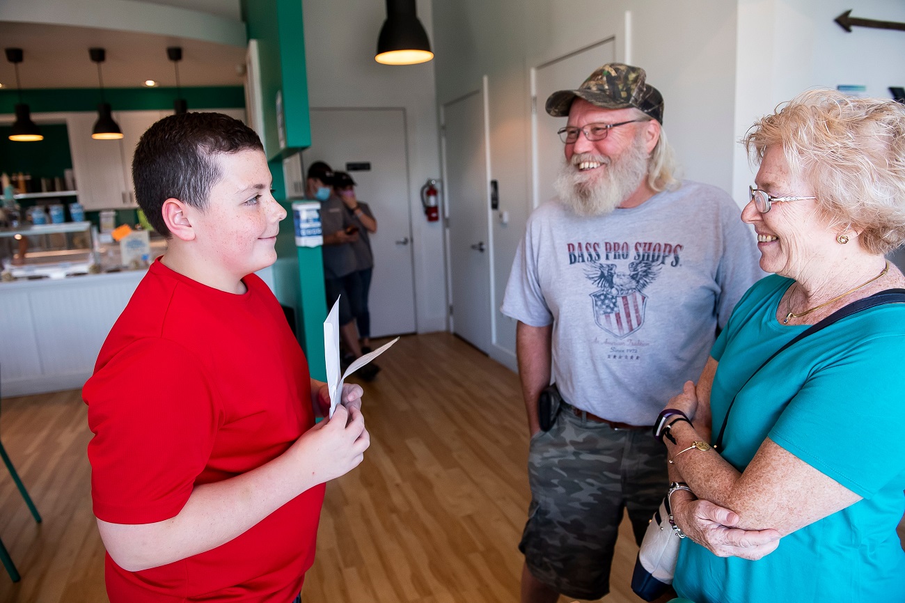 Trent Morea, 12, is greeted by his grandparents, Steve and Aimee Erb, after finding out he was named the Kids Wish Network&#039;s Hero of the Year on Aug. 19, 2020.Trent01