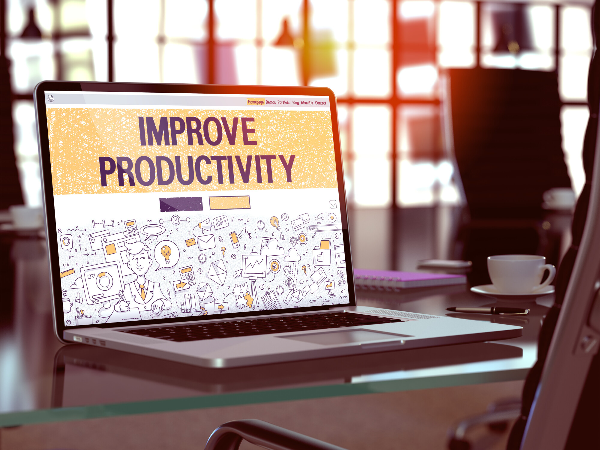 Improve Productivity - Closeup Landing Page in Doodle Design Style on Laptop Screen. On Background of Comfortable Working Place in Modern Office. Toned, Blurred Image.  3D Render.