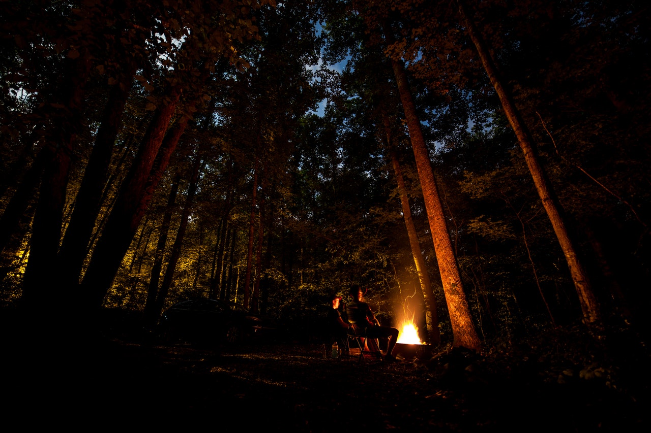 Man sitting in front of a campfire in the middle of a forest