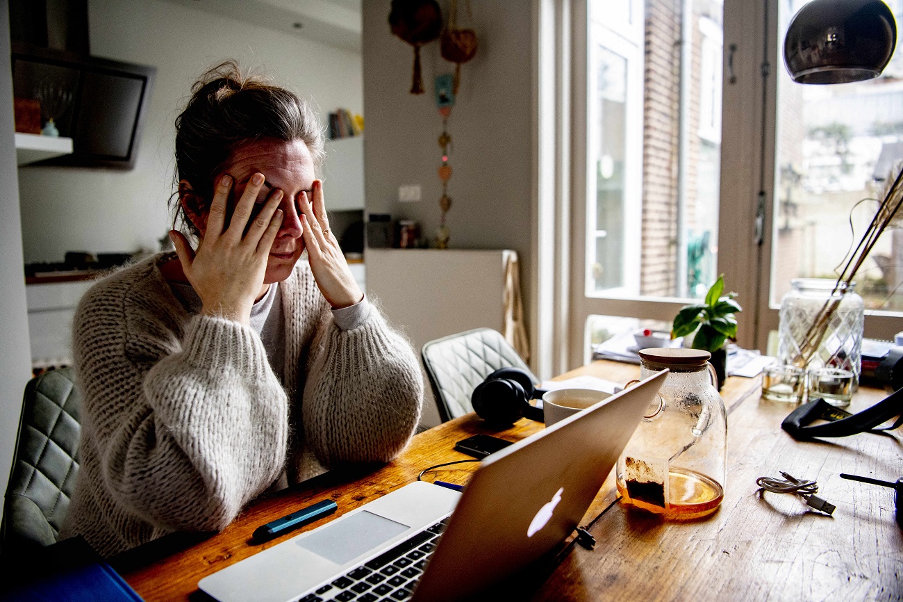 A woman is working at home during the second wave&#039;s new measures of COVID-19 pandemic, in The Hague, Netherlands, on January 29, 2021. The anxiety and stress burnout working at home. Photo by Robin Utrecht/ABACAPRESS.COMNo Use Netherlands. No Use Germany.