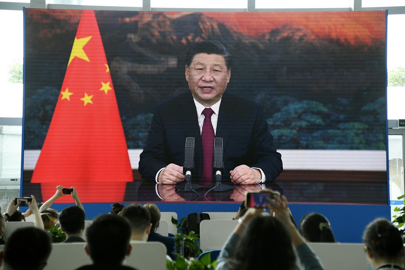 A large screen in a press center in China&#039;s southern island province of Hainan shows the country&#039;s president, Xi Jinping, giving an online speech at the Boao Forum for Asia on April 20, 2021. (Kyodo)
==Kyodo
NO USE JAPAN
