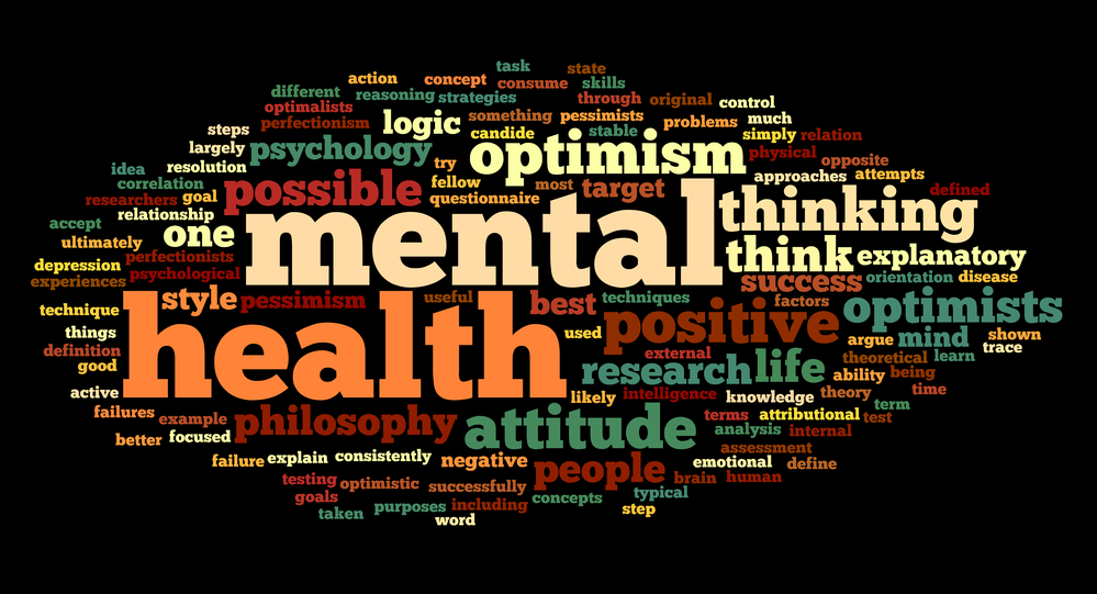 Mental health concept in word tag cloud on black