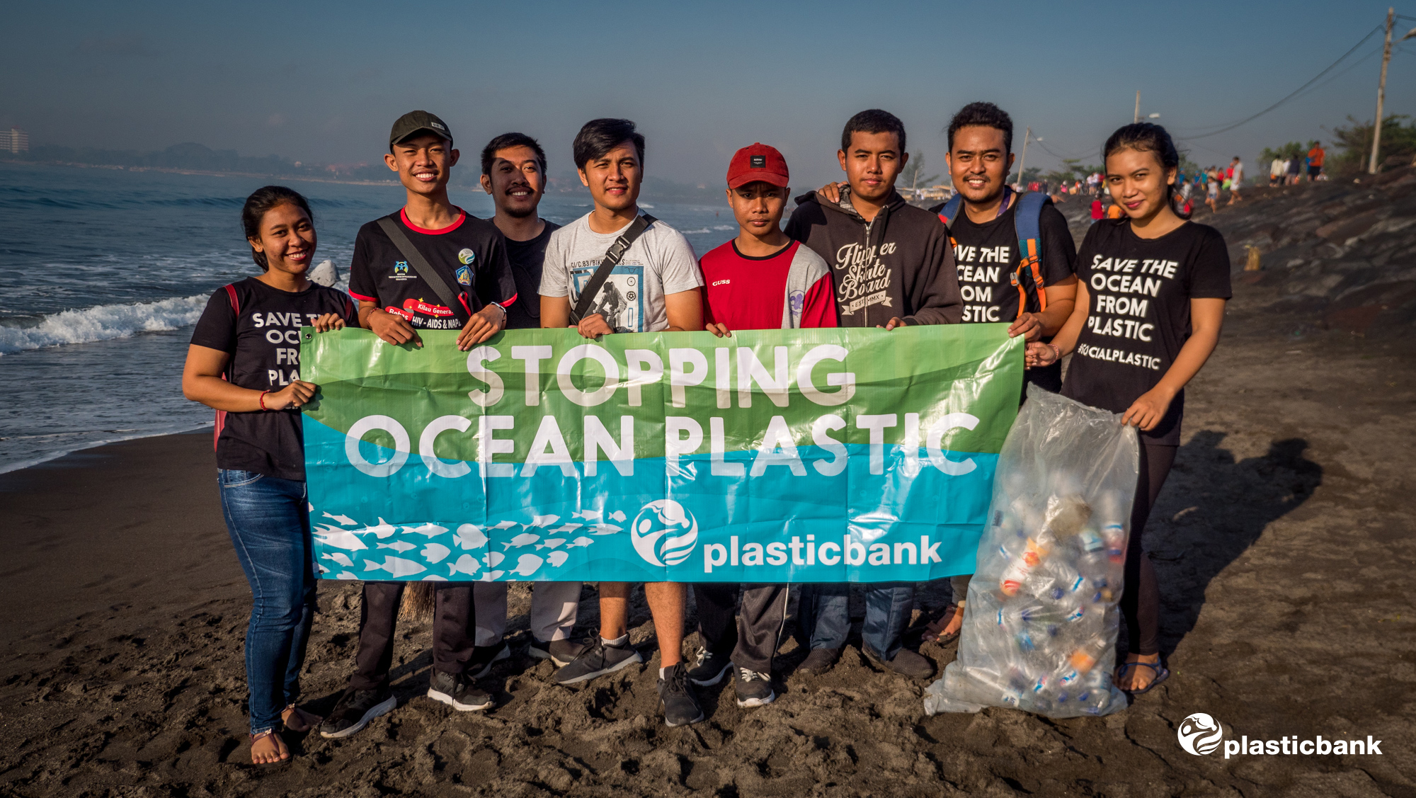 A team of young collectors during a beach cleanup in Indonesia.
