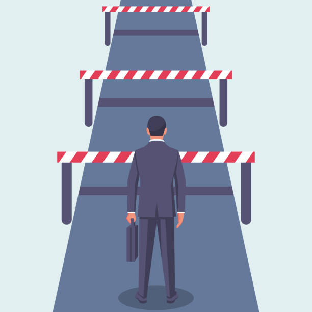 Conquering adversity. Hurdle on way concept. Businessman obstacle metaphor. Overcoming obstacle on road. Vector illustration flat design. Barrier on way to success. Vector illustration flat design.