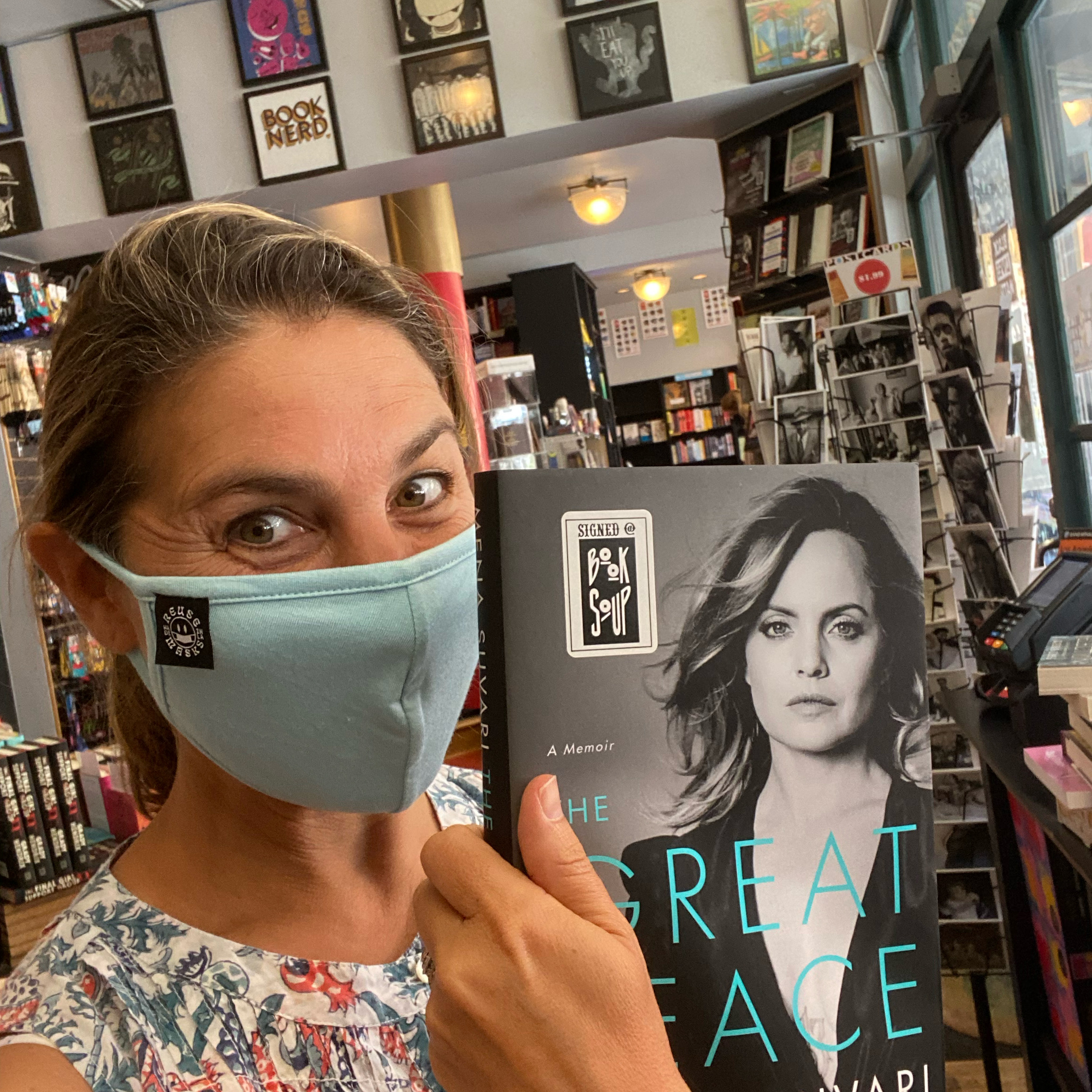Wearing a mask in Book Soup.