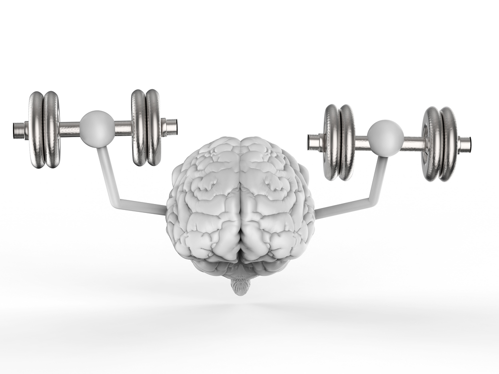 3d rendering brain holding dumbbells on white background