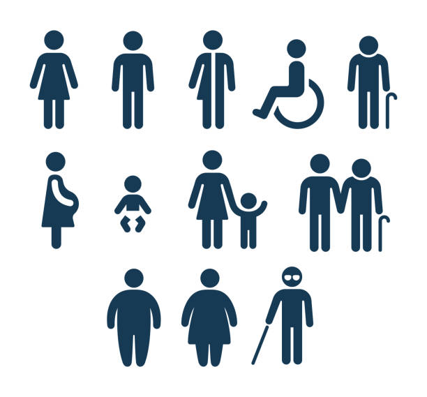 People figures icon set. Bathroom gender signs and health conditions symbols. Adults and child care, senior and disabled assistance. Medical or navigation pictograms.