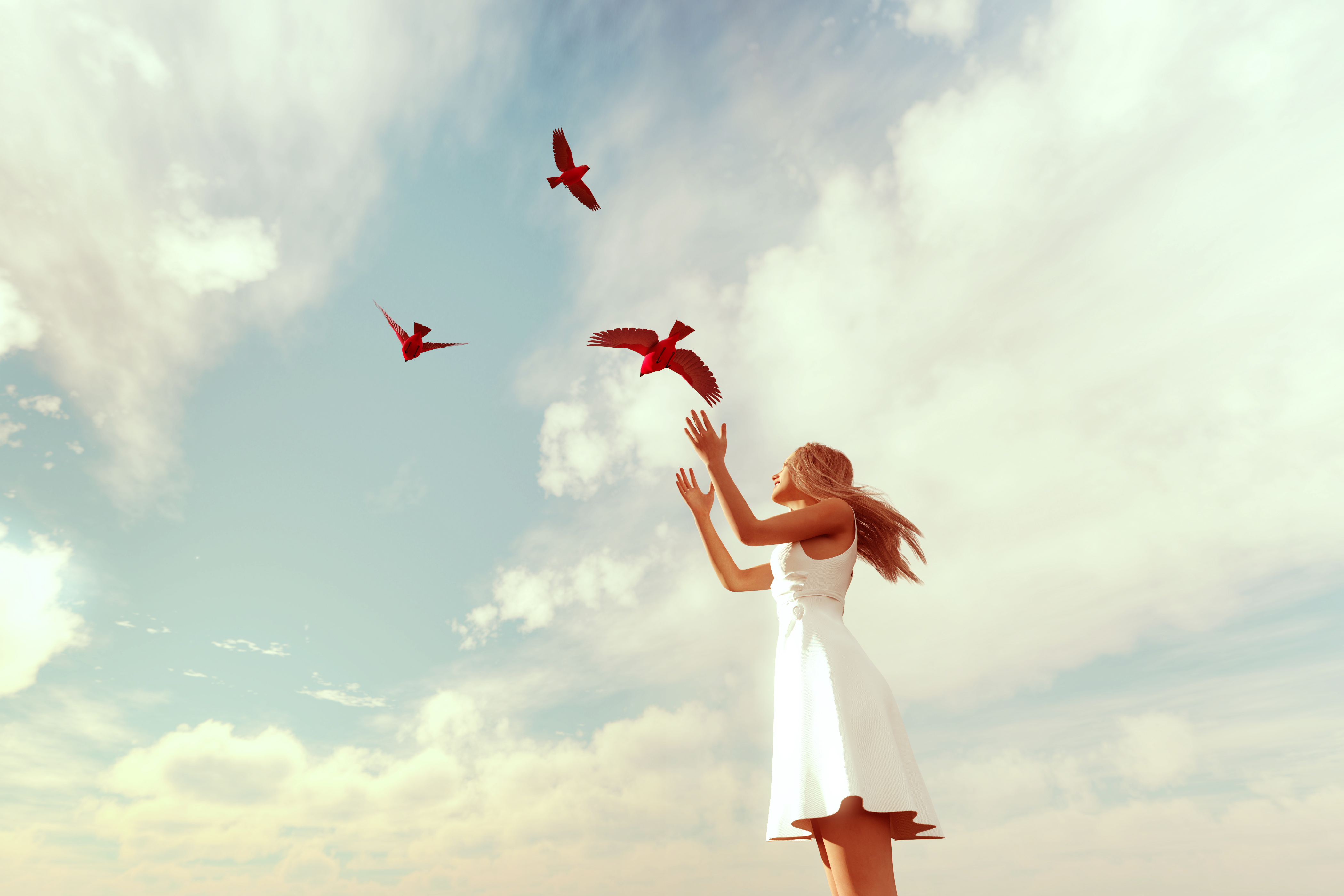 Girl releasing birds on to the sky,3d illustration