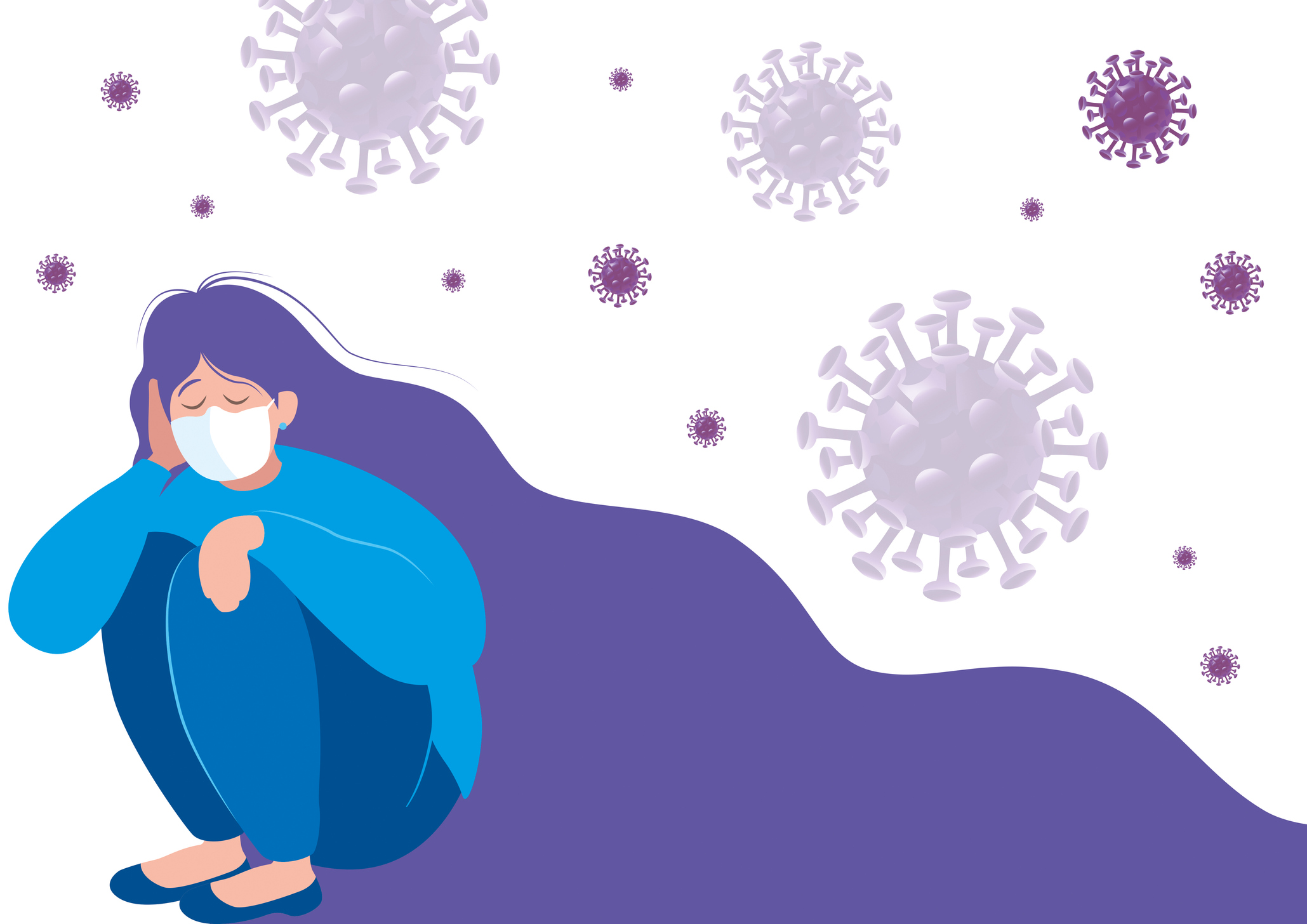 Vector Illustration of a Sad Girl in Solitude from Social Distancing in COVID-19 coronavirus crisis, anxiety from virus infection, virus pathogens.