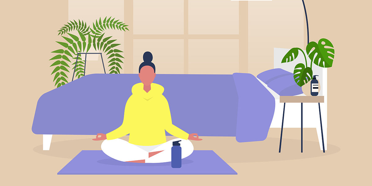 Young female character practising yoga and meditation at home, mindfulness, modern millenial lifestyle